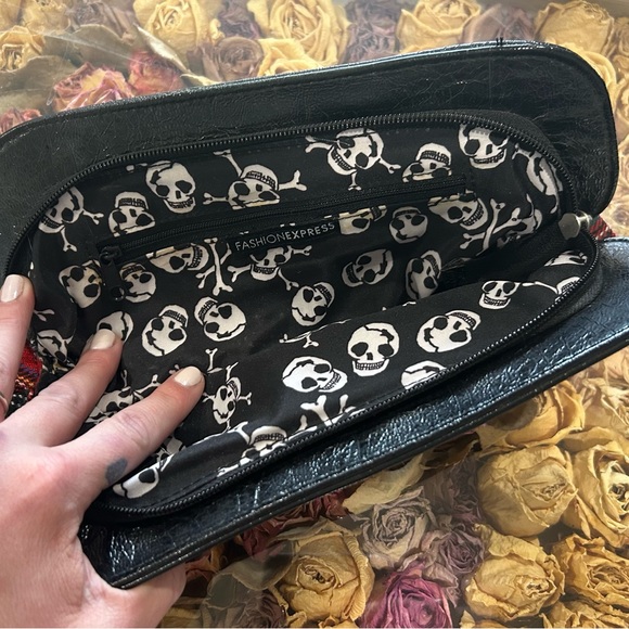 Red Tartan Clutch with Crossbody Strap and Skull Lining - Picture 4 of 4